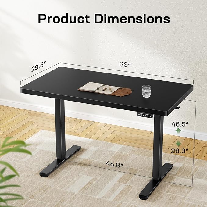 Marsail 63 x 30 Electric Standing Desk with One-Piece Desktop, Sit Stand Desk with Thickened Tabletop, Height Adjustable Stand Up Desk with Cable Management for Home Office(Frame+Desktop, 2 Packages)