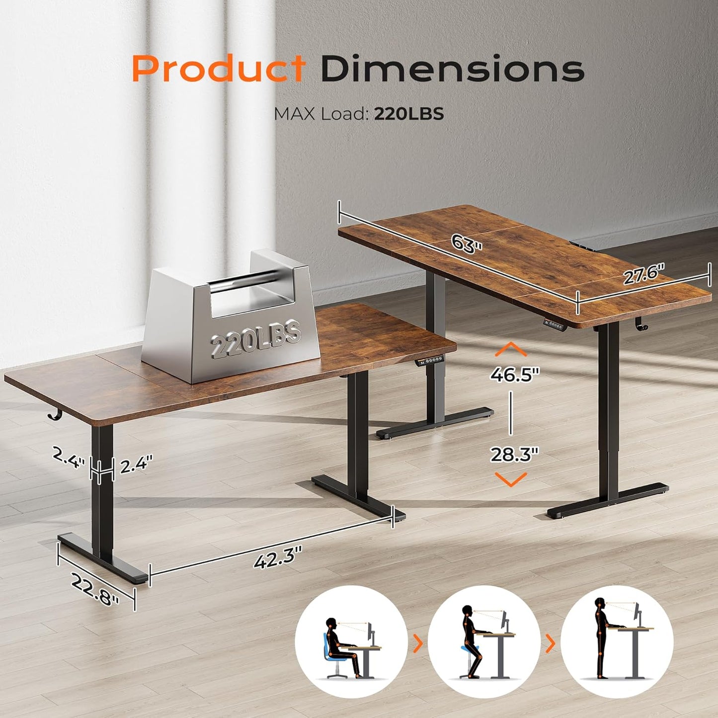 Huuger 63 x 28 Large Electric Standing Desk, Height Adjustable Computer Desk, 27.6" Deep Desktop, Stand up Gaming Office Table with 2 Hooks, 3 Preset Heights, for Home Office, Rustic Brown