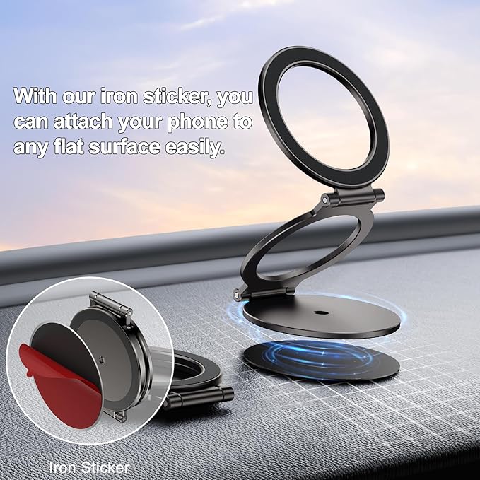 Dual Magnetic Ring Phone Holder for MagSafe, 1/4" Screw Hole Tripod Mount, Attach Your Phone to Iron Object, Adjustable Gym Phone Stand for iPhone 16/15/14/13 Pro Max & All Phones