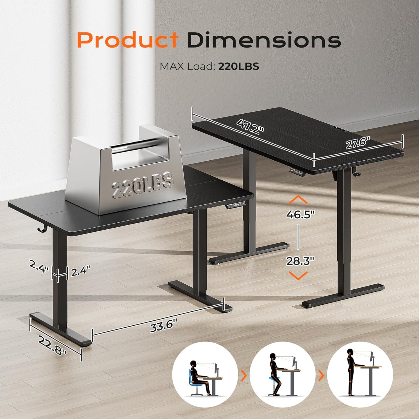 Huuger 48 x 28 Large Electric Standing Desk, Height Adjustable Desk, 27.6" Deep Desktop, Stand up Gaming, 2 Hooks, 3 Preset Heights, for Home Office, Black