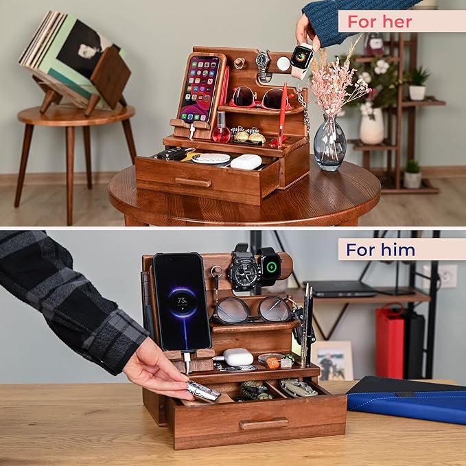 TESLYAR Wood Phone Docking Station with Drawer - Nightstand Organizer - Desk Organizer for Husband - Birthday Gifts for Men or Dad - Anniversary Idea - Key Holder Stand Watch & Accessories (Walnut)