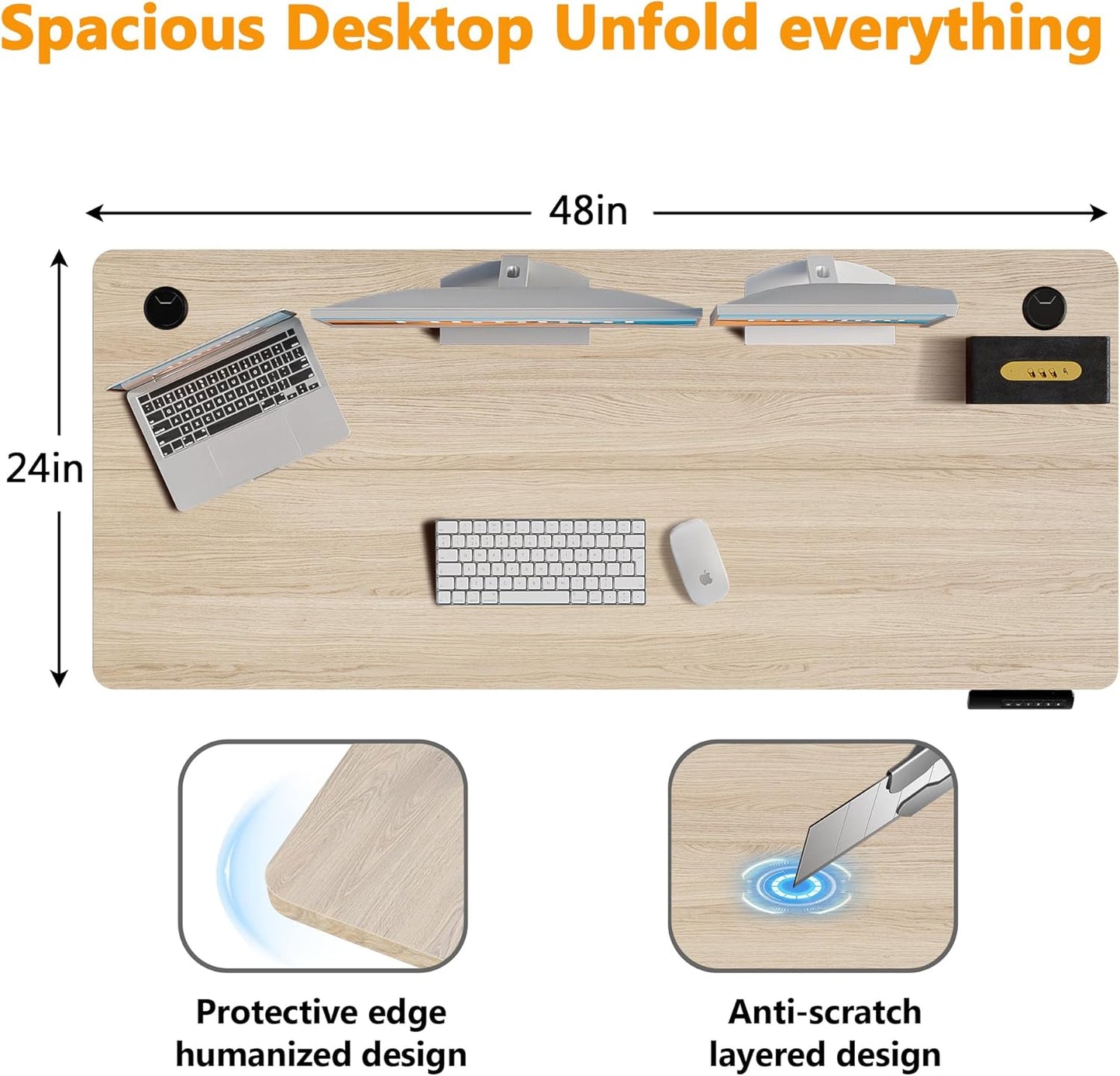 Himimi Electric Standing Desk 48 x 24 inch for Home Office,Sit-Stand Adjustable Desk with Memory Presets,Height Adjustable Desk for Gaming/Working,Free Hook, Lockable Wheels,Oak