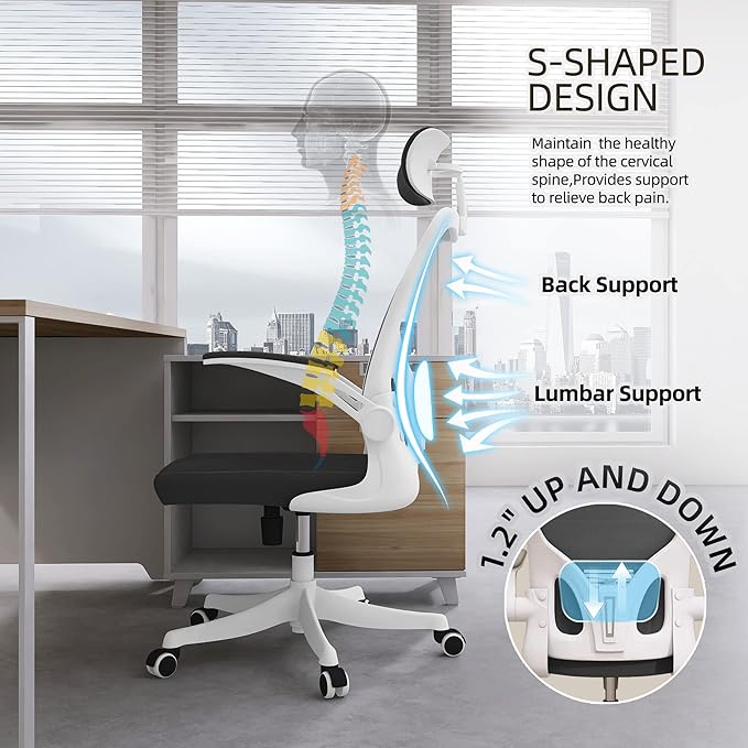 Monhey Office Chair, Ergonomic Office Chair with Lumbar Support & 3D Headrest & Flip Up Arms Home Office Desk Chairs Rockable High Back Swivel Computer Chair White Frame Black Mesh Study Chair