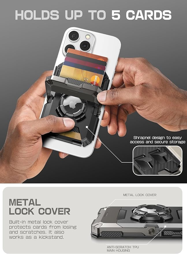 SUPCASE for MagSafe Wallet with AirTag Holder, Magnetic Airtag Wallet for Men, [Hold 5 Cards] [Adjustable Stand] [RFID Blocking] Phone Stand Card Holder Tripod for iPhone 16/15/14/13/12 Series, Dark