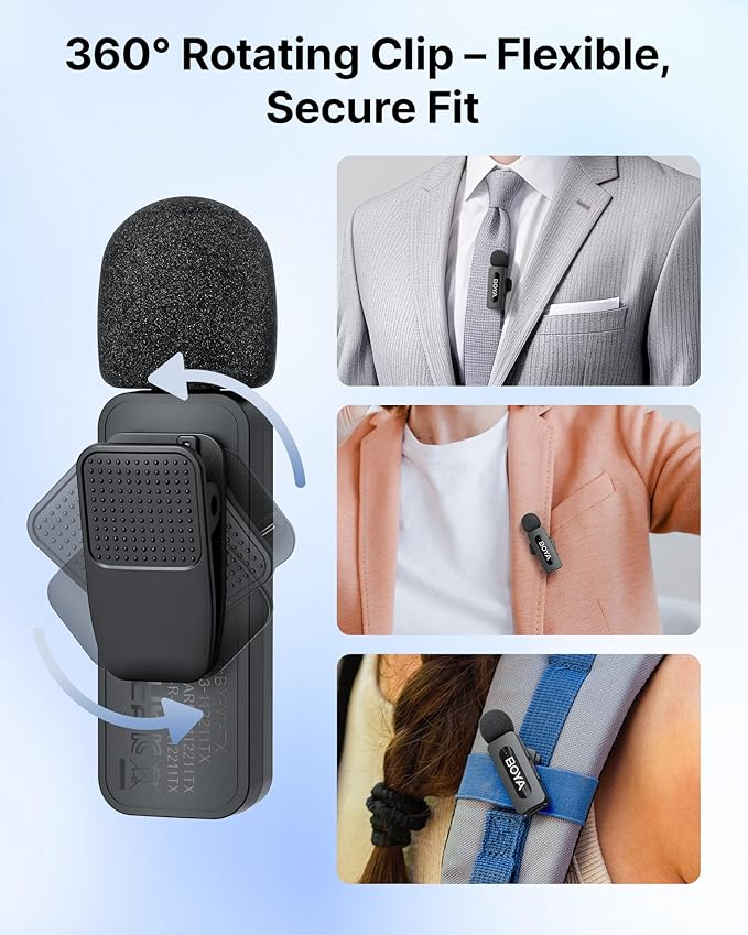 BOYA V3 Combo Wireless Microphone for iPhone/Andriod/PC/Laptop with USB-C/Lightning Port, 36H Battery Life with Charging Case, Noise Canceling Lapel Microphone Wireless Mini Mic for Video Recording