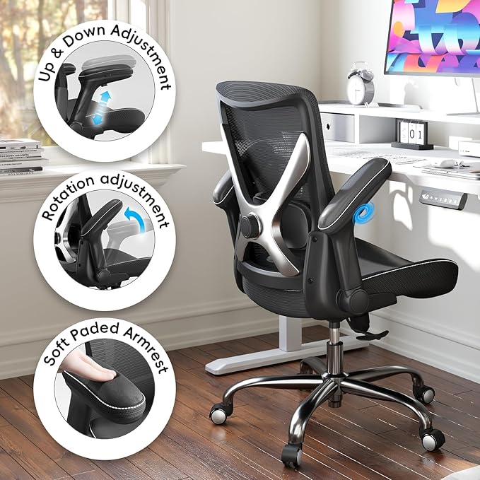 Ergonomic Office Chair-Computer PU Leather X-Shaped Desk Chair-Gaming Chair with Adjustable Flip-up Armrests Lumbar Support Mesh Executive Chair for Long Hours Office (Black-Silver)