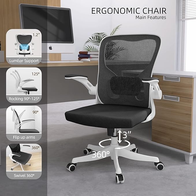 Monhey Office Chair - Ergonomic Office Chair with Lumbar Support & Flip Up Arms Home Office Desk Chairs Rockable High Back Swivel Computer Chair White Frame & Black Mesh Study Chair