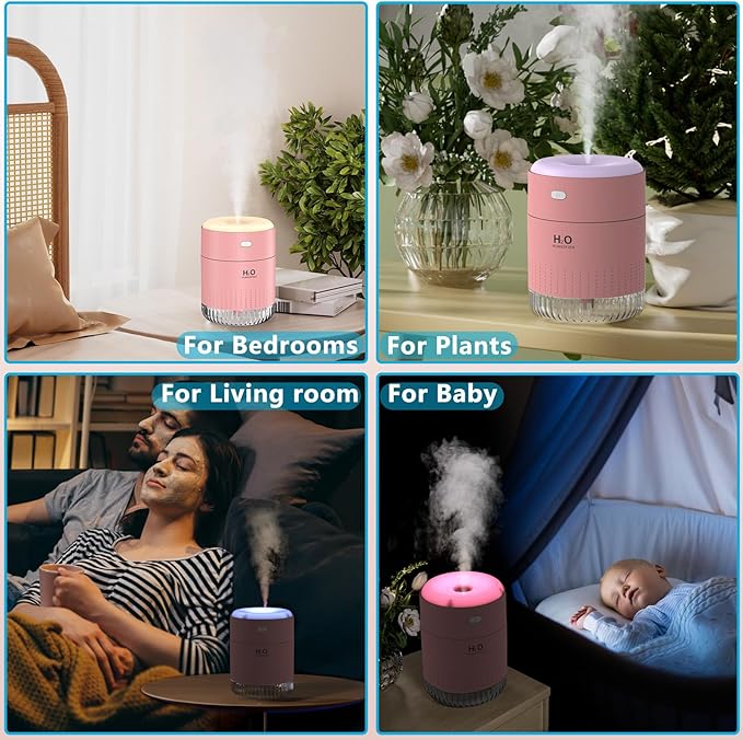 Colorful Mini Humidifier, USB Rechargeable Humidifier, small humidifier, 4 Modes Super Quiet, Humidifiers For Bedroom,Suitable For Travel Office Family Baby Bedroom-Pink1.0