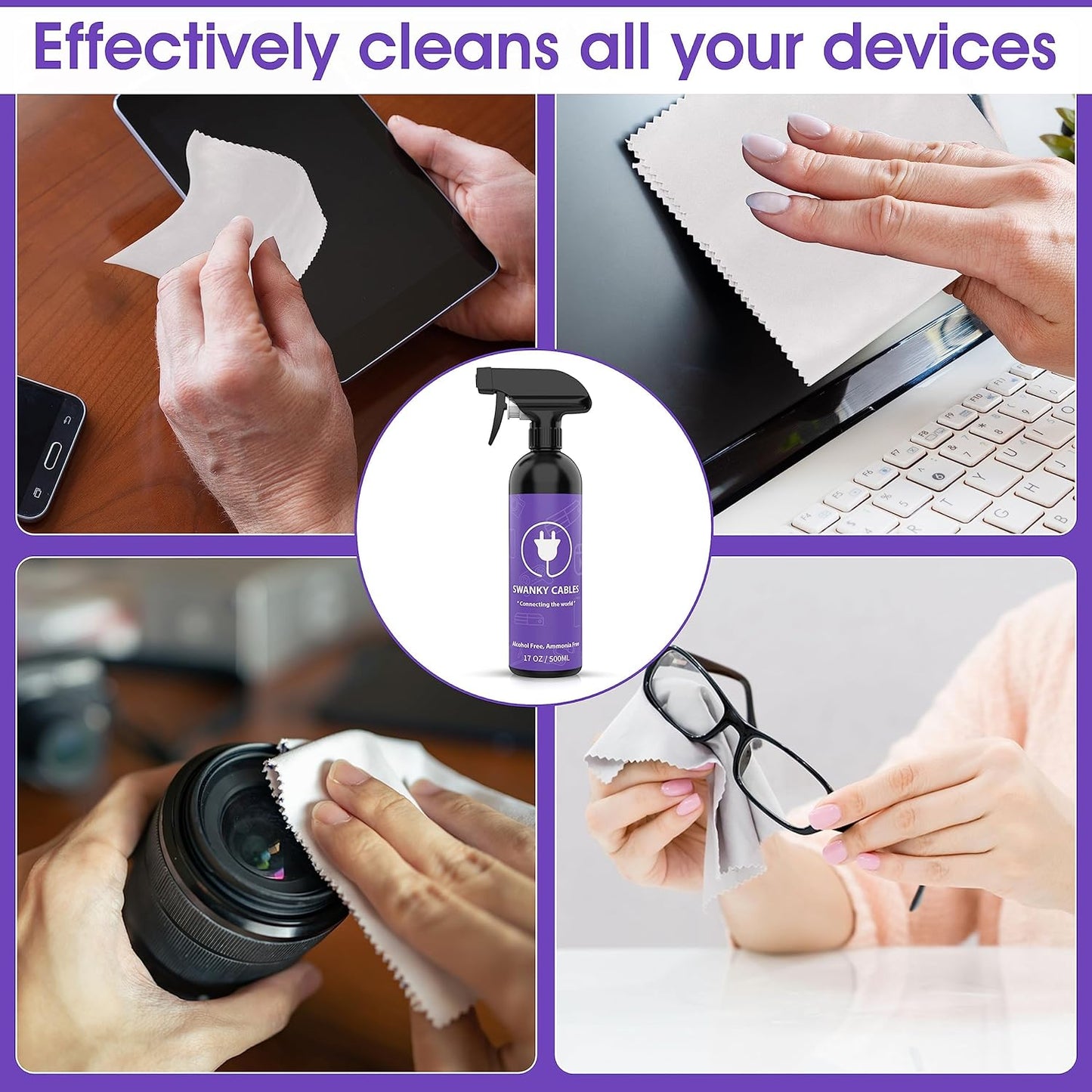 Swanky Computer Screen Cleaner Kit: Set of Electronic Cleaner Spray Microfiber Cleaning Cloth for TV, iPad, iPhone, Monitor, Laptop (17 Oz, 4-Pack)