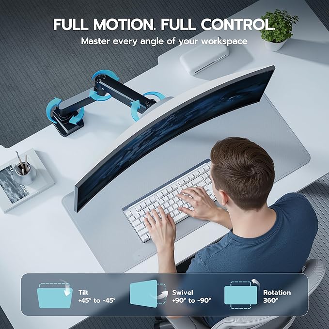 ARES WING Ultrawide Single Monitor Arm, Heavy Duty Monitor Mount for 13"-45" Curved Screens, Adjustable Stand for Desk with C-clamp & Grommet Base up to 40 LBS, Black