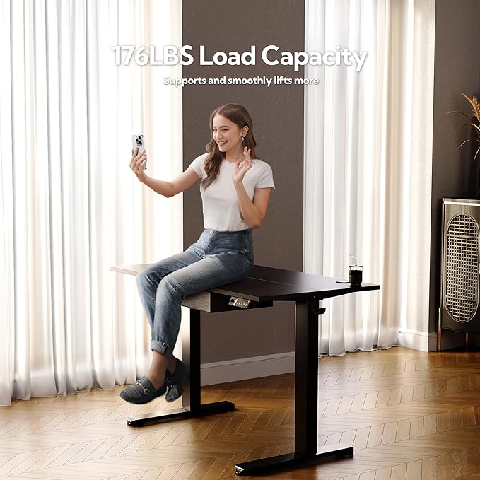 Seang Standing Desk with Drawer, 55" x 24" Height Adjustable Stand Up Desk, 3 Memory Height Settings with Cable Grommets & Storage Hooks, Ideal for Home & Office, Black