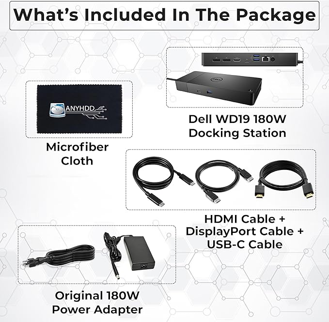 Dell WD19 180W Dock Bundle - Dell Docking Station Dual Monitor with 180W Power Supply + HDMI Cable + DisplayPort Cable + USB-C Cable + Microfiber Cloth Included (Renewed)