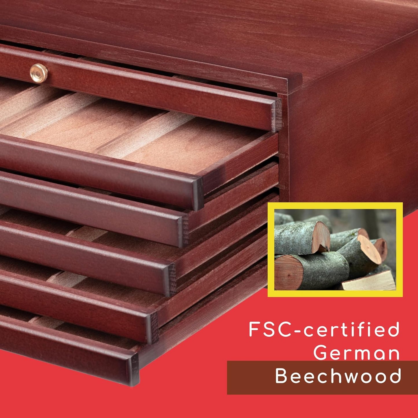 MEEDEN 10-drawer Wood Artist Supply Storage Box, Portable Beechwood Multifunctional Pencil Brush Organizer Wood Box with Drawer&Compartments for Pastels, Pencils, Pens, Makeup Brushes(Mahogany Color)