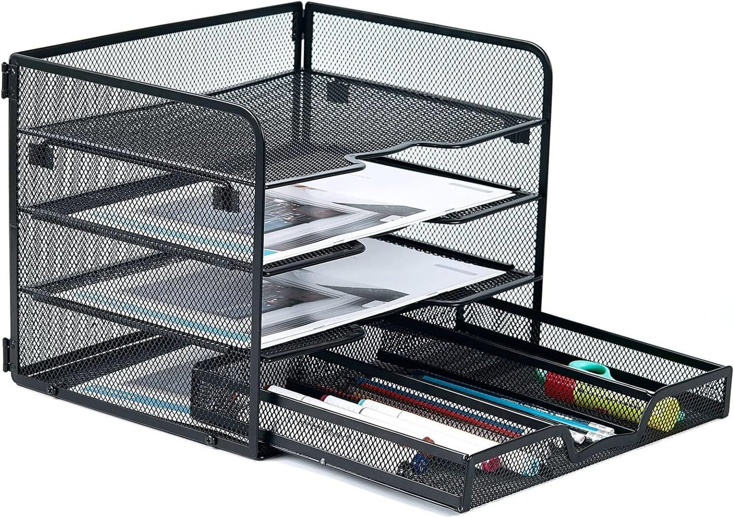 SETTFRFE 4 Tier Mesh Paper Letter Tray,Desk File Organizer with A Sliding Drawer,Office Supplies Desk Organizer for Home Office,Black.