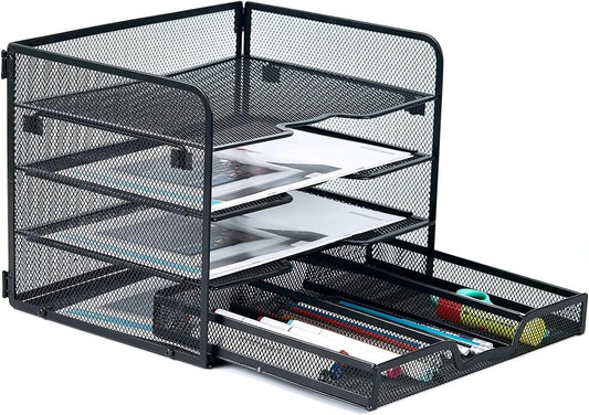 SETTFRFE 4 Tier Mesh Paper Letter Tray,Desk File Organizer with A Sliding Drawer,Office Supplies Desk Organizer for Home Office,Black.