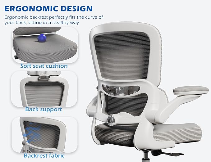 TRALT Ergonomic Office Chair - Desk Chair with Adjustable Lumbar Support Computer Chair - Mesh Comfy Chair with Flip-up Armrests - Gaming Chairs for Adults Home Office (Leather, Grey)