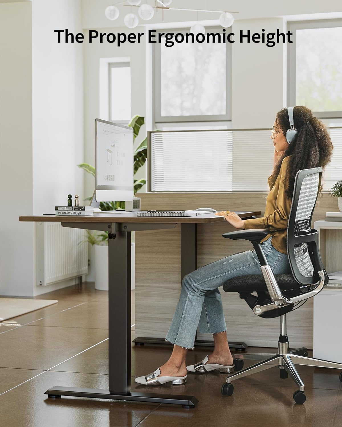 FEZIBO One-Piece Standing Desk Adjustable Height Stand up Home Office Desk, 55x24 Inch Electric Standing Computer Desk, with 4 Memory Presets, Fixable casters, Black Walnut