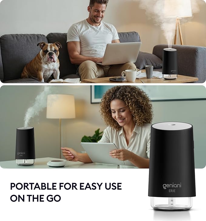 GENIANI Portable Small Cool Mist Humidifiers - Desktop Humidifier for Plants, Office, Car, Baby Room with Auto Shut Off & Night Light (White, 0.25L, USB)
