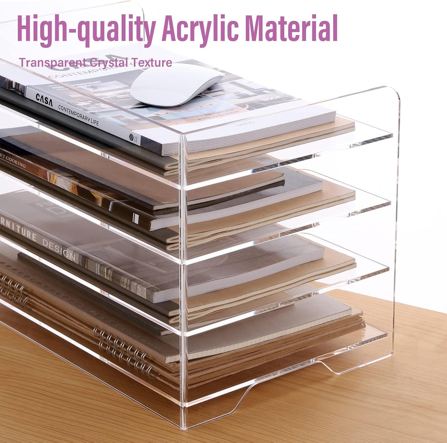 SANRUI Acrylic Paper Organizer Letter Tray for Desk, 4 Tier Enlarged File Sorter,Clear File Holder Desktop Shelf Document Storage for School Office Home