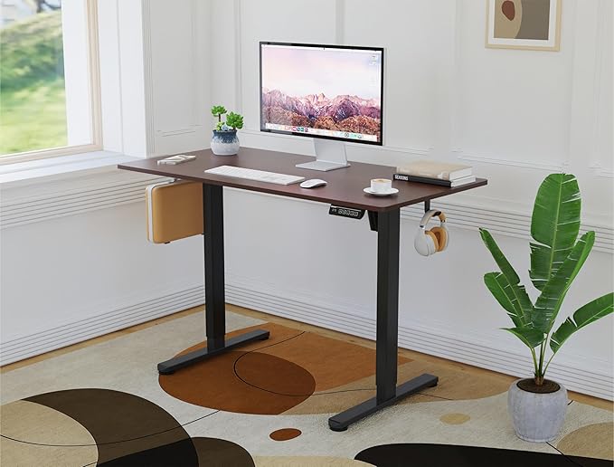 NSY Audio Electric Standing Desk 48x24 Inches - Height Adjustable, Whisper Quiet Motor, Walnut Top & Black Frame for Home Office Gaming, Focused Work, Walnut Brown