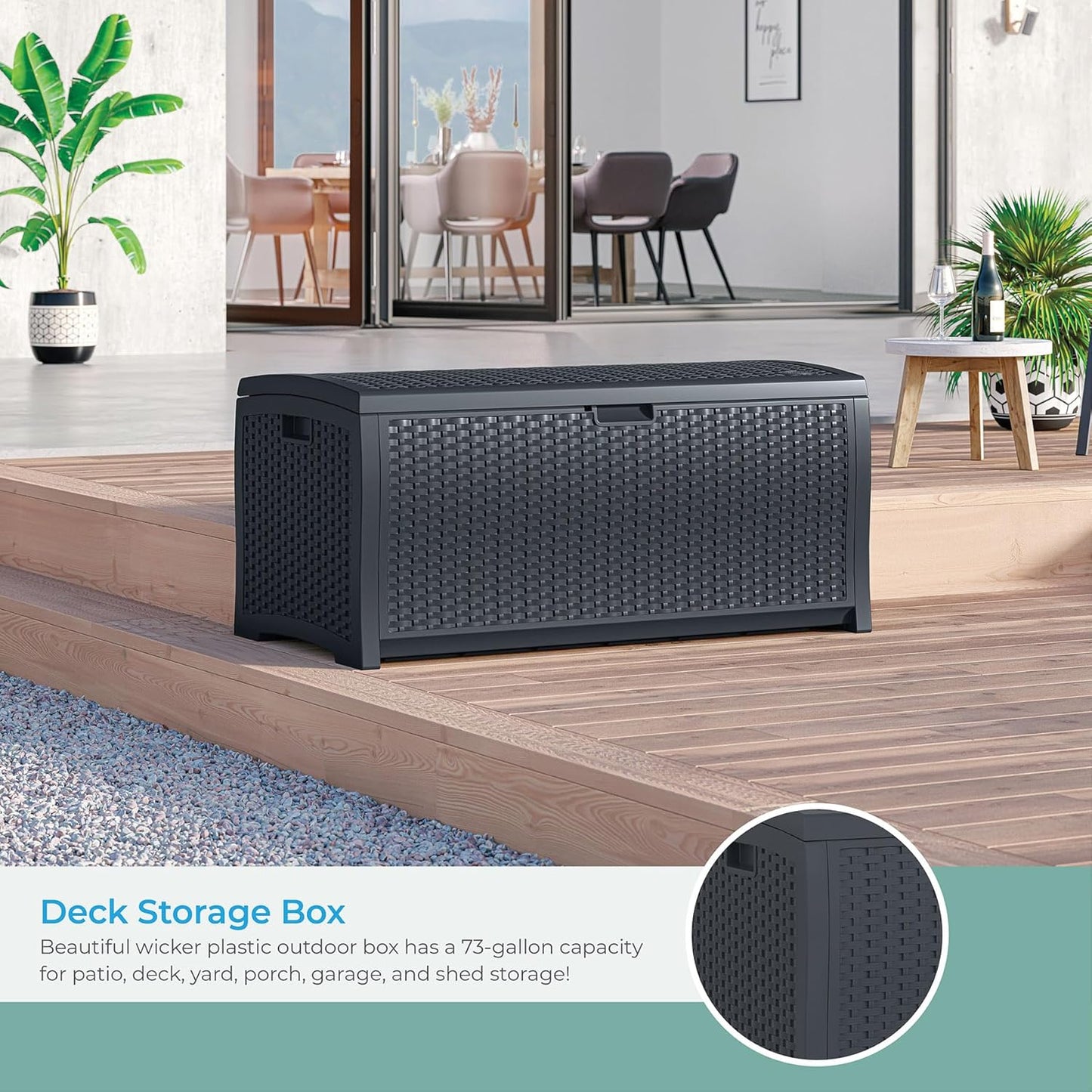 Suncast 73 Gallon Medium Resin Wicker Indoor/Outdoor Storage Box for Garden Tools, Pool Accessories, and Patio Cushions, Cyberspace