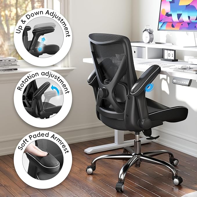Ergonomic Office Chair-Computer PU Leather X-Shaped Desk Chair-Gaming Chair with Adjustable Flip-up Armrests Lumbar Support Mesh Executive Chair for Long Hours Office (Black)
