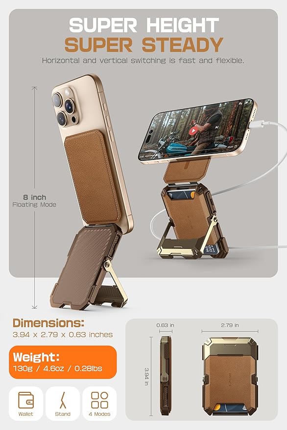 SUPCASE for MagSafe Wallet with Stand, Magnetic Genuine Leather Wallet for Men, [Hold 5 Cards] [Adjustable Stand] [RFID Blocking] Phone Stand Card Holder Tripod for iPhone 16/15/14/13/12 Series, Brown