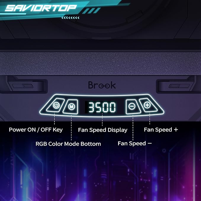 Brook Saviortop Gaming Laptop Cooler, IC Core Cooling Pad with Advanced Turbo Fan, Fast Cooling for Laptops 10-19in, Adjustable Speed, Touch Control, USB-C & USB-A Ports, Compact & Portable Design