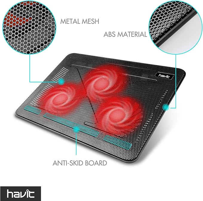Havit HV-F2056 15.6-17 Inch Laptop Cooler Cooling Pad - Slim Portable USB Powered (3 Fans) (Black+Red)