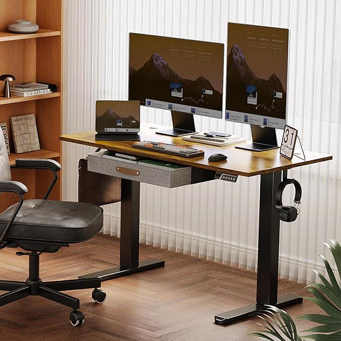 Seang Standing Desk with Drawer, 55" x 24" Height Adjustable Stand Up Desk, 3 Memory Height Settings with Cable Grommets & Storage Hooks, Ideal for Home & Office, Rustic Brown