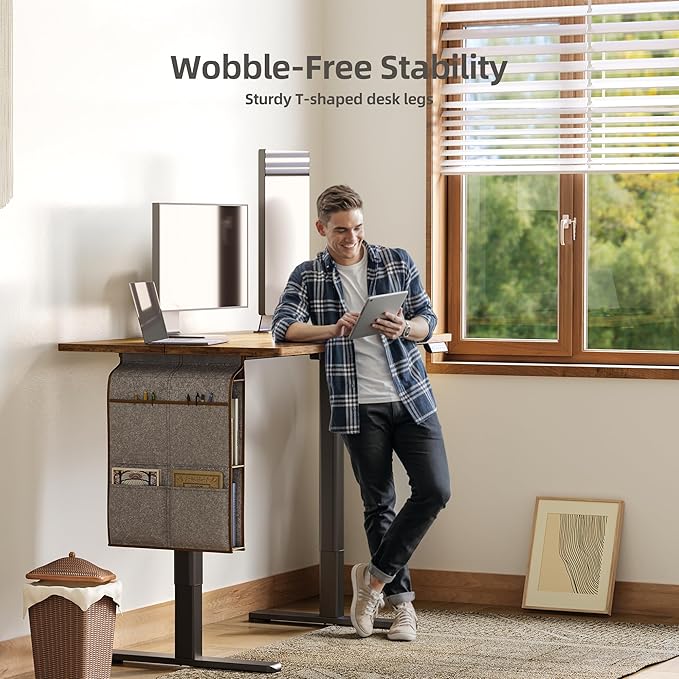 Claiks Electric Standing Desk Adjustable Height with Spacious Storage Bag, 48x24 Inch Stand Up Desk with Headphone Hook, Sit Stand Table for Home Office Computer Workstation, Rustic Brown