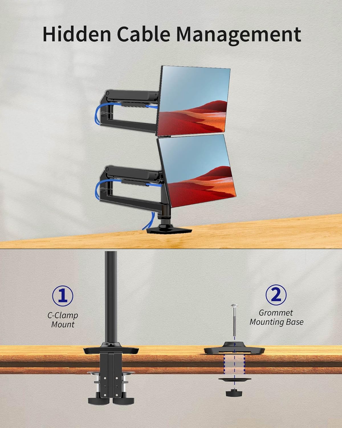 Dual Monitor Mount, Holds Screens up to 40 Inches and 25 lbs, Fully Adjustable Dual Monitor Arm with C-Clamp and Grommet Base, Aluminum, Black