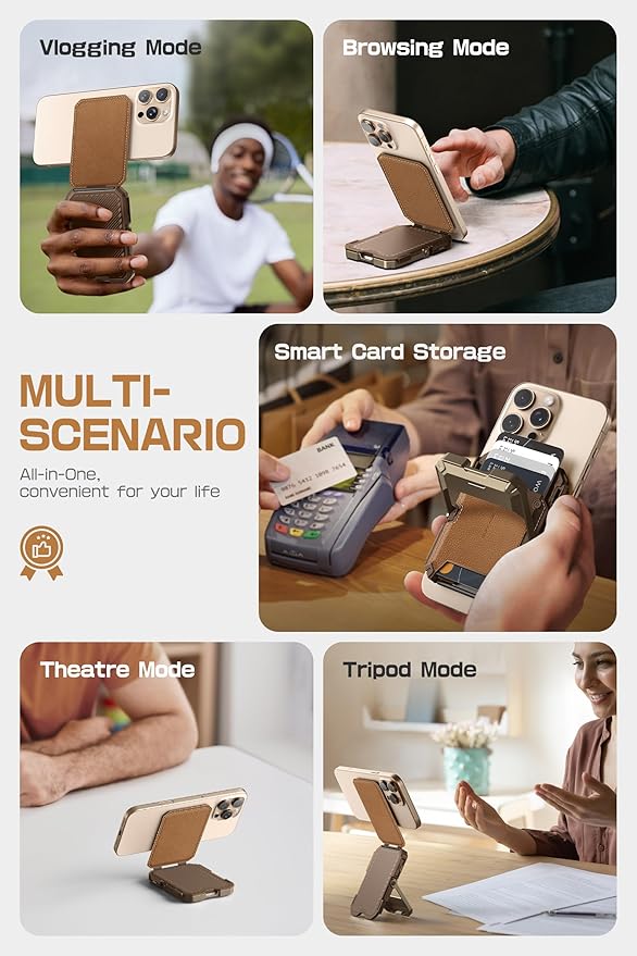 SUPCASE for MagSafe Wallet with Stand, Magnetic Genuine Leather Wallet for Men, [Hold 5 Cards] [Adjustable Stand] [RFID Blocking] Phone Stand Card Holder Tripod for iPhone 16/15/14/13/12 Series, Brown