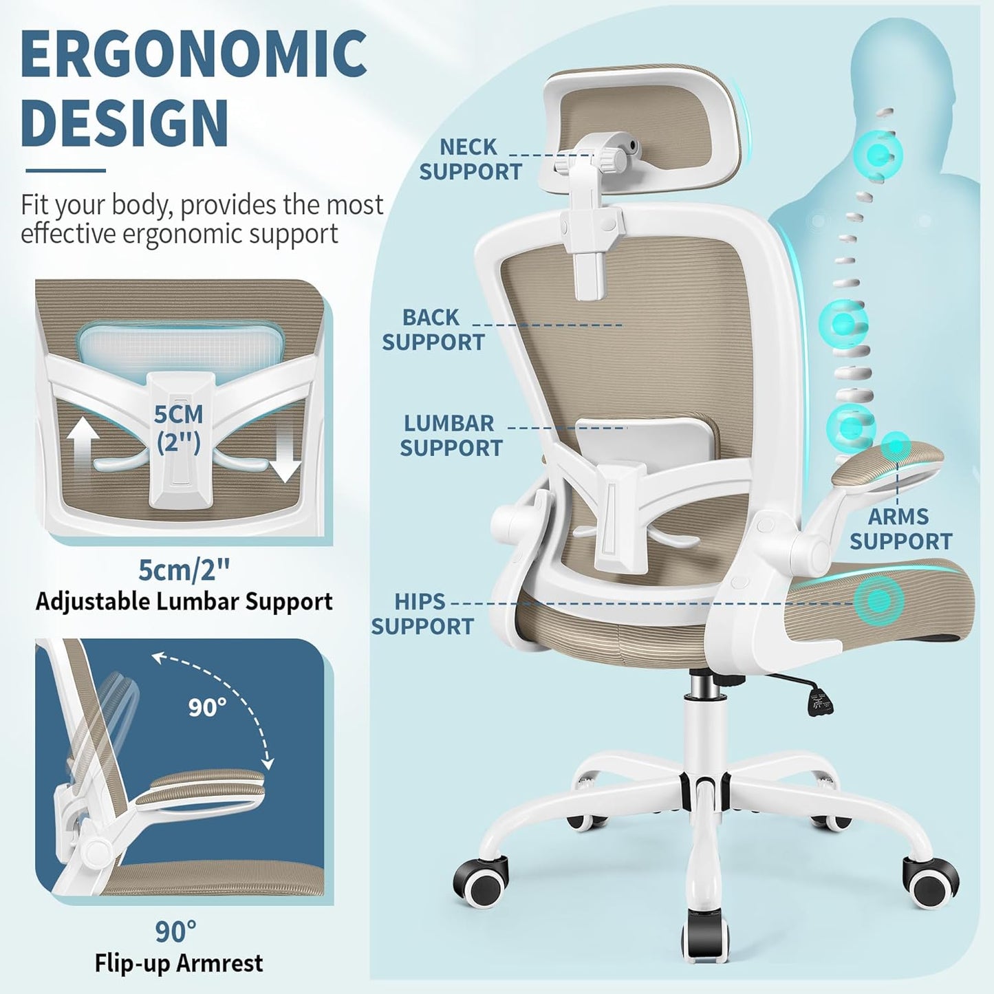 FelixKing Ergonomic Office Chair, Headrest Desk Chair Office Chair with Adjustable Lumbar Support, Home Office Swivel Task Chair with High Back and Armrest, Adjustable Height Gaming Chair(Khaki)