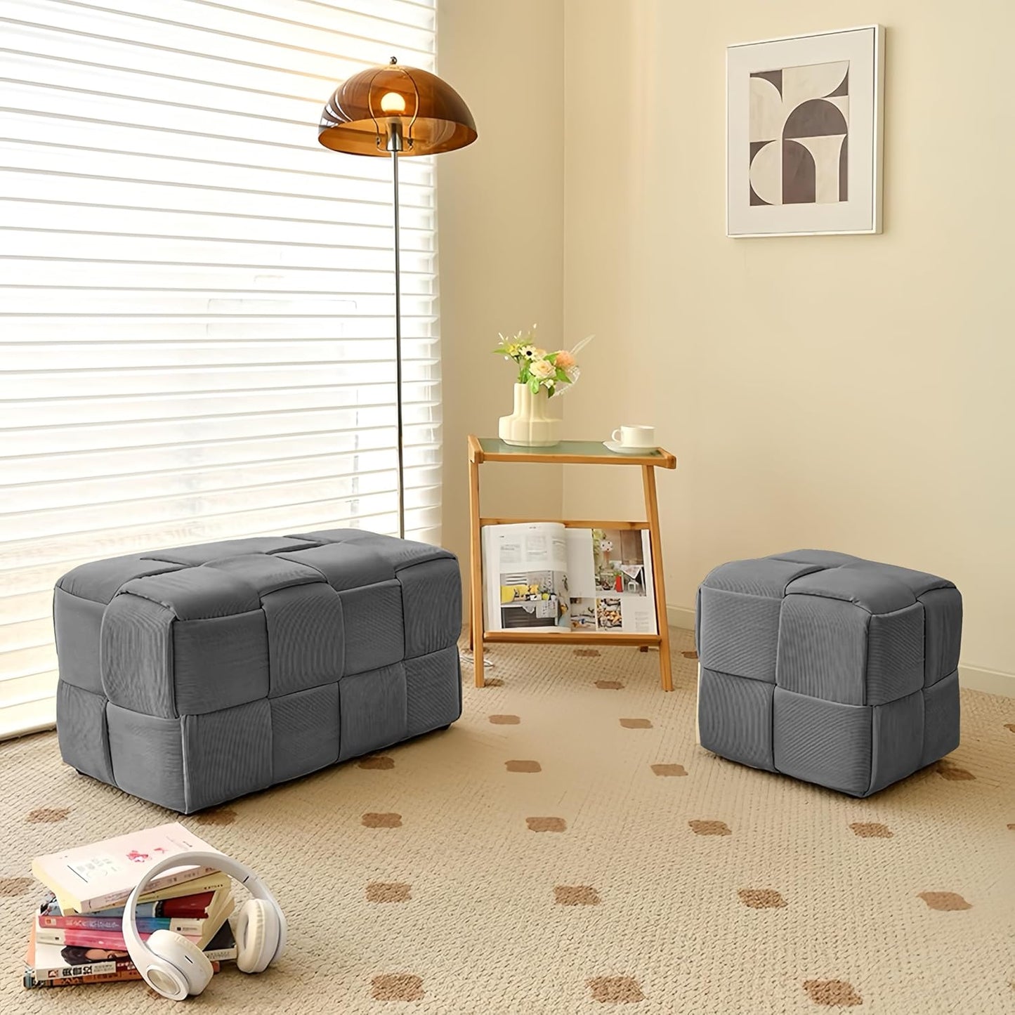 Ottoman Foot Rest Soft and Comfortable Ottoman Square Corduroy Woven Design Sofa Stool (Grey-L)
