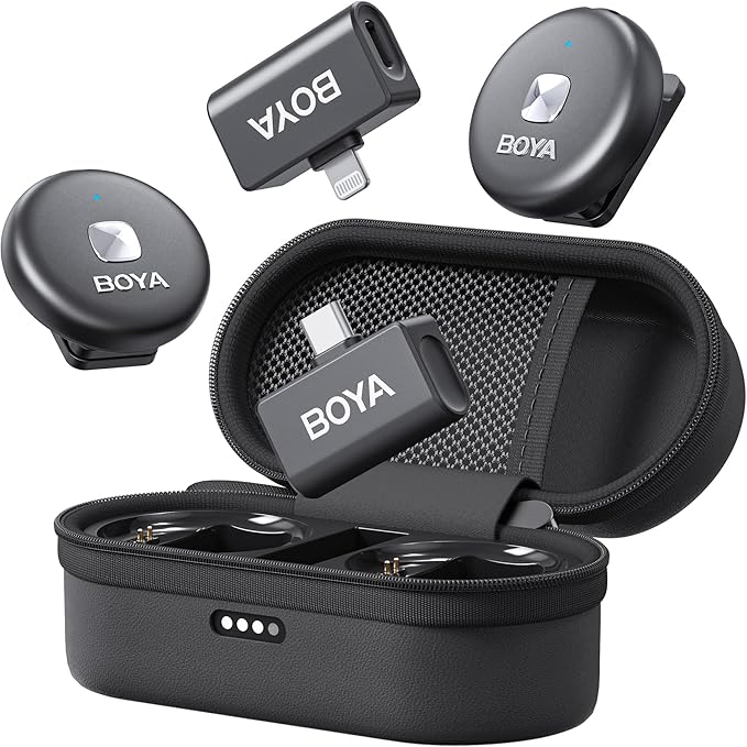 BOYA Omic Wireless Microphone for iPhone/Android with MFi Certified Lightning/USB-C Plug, Noise Reduction, 164ft 30H Battery Life with Charging Case, iPhone Microphone for Video Recording-Black