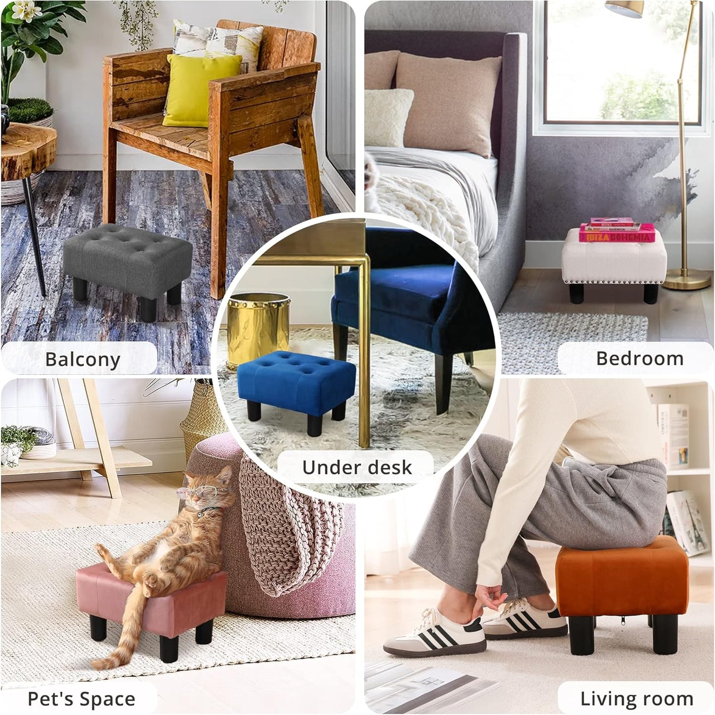 LUE BONA Small Tufted Foot Stool, Fabric Foot Stools Ottoman with Plastic Legs, 9''H, Rectangle Footstool for Adult with Non-Slip Pads, Sofa Foot Rest for Living Room, Couch,Carbon Grey