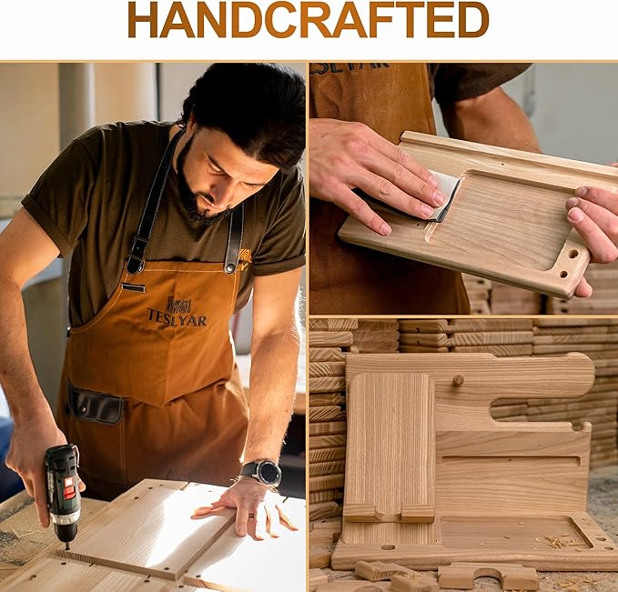 TESLYAR Wood Phone Docking Station with Drawer - Nightstand Organizer - Desk Organizer for Husband - Birthday Gifts for Men or Dad - Anniversary Idea - Key Holder Stand Watch & Accessories (Walnut)