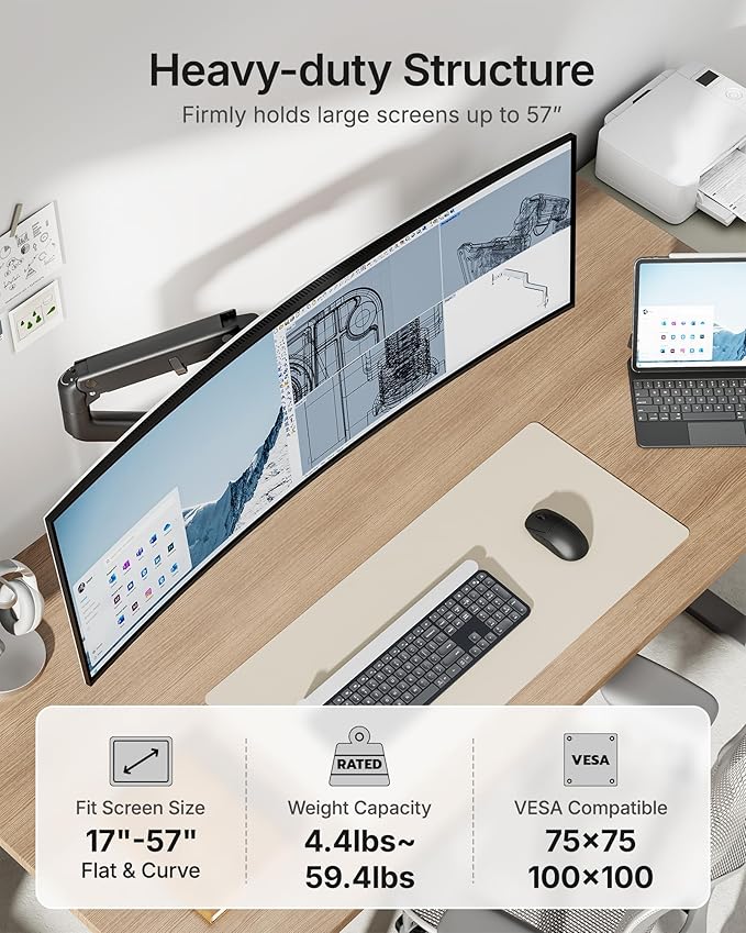 monTEK Heavy-Duty Monitor Arm for 17-57" Ultrawide Curved Screen, Supports up to 59.4 lbs, Adjustable Gas Spring Arm, 75/100 VESA Mount, Clamp & Grommet Desk Monitor Mount Single, Black