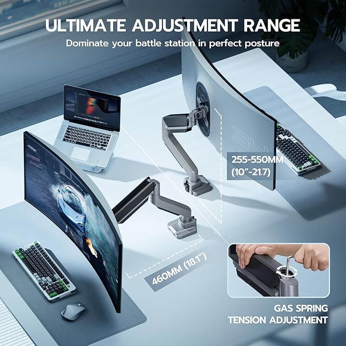 ARES WING Ultrawide Single Monitor Arm, Heavy Duty Monitor Mount for 13"-45" Curved Screens, Adjustable Stand for Desk with C-clamp & Grommet Base up to 40 LBS, Gray