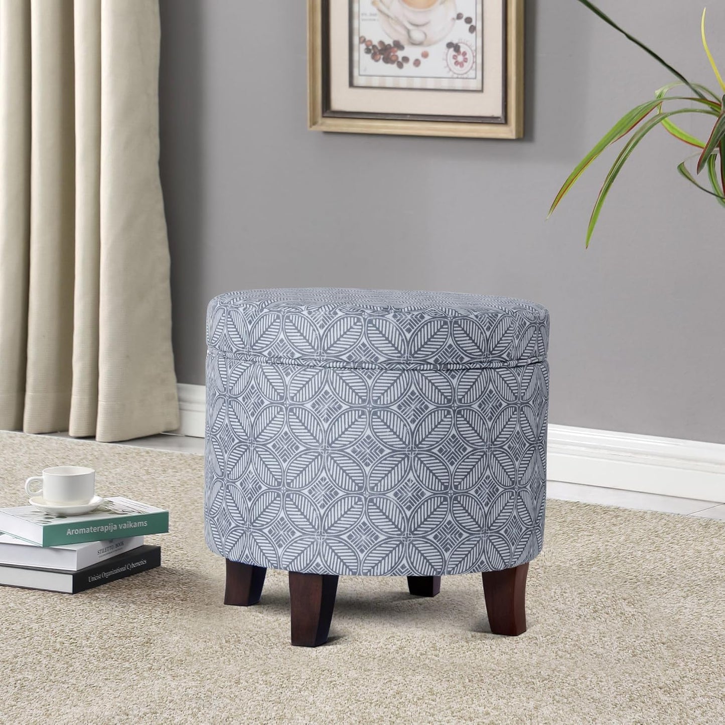 HomePop Upholstered Round Storage Ottoman|Homepop Home Décor|Upholstered Round Foot Rest Ottoman -Blue Indigo Print