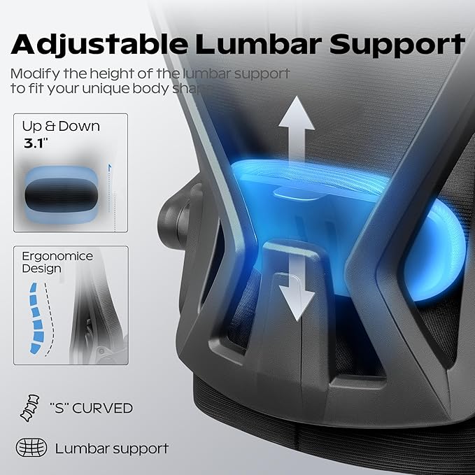 Ergonomic Office Chair, Home Office Desk Chair with Headrest, High Back Mesh Chair with Flip-up Armrests, Comfy Desk Chair with Lumbar Support, Rolling Swivel Task Computer Chair for Home Office