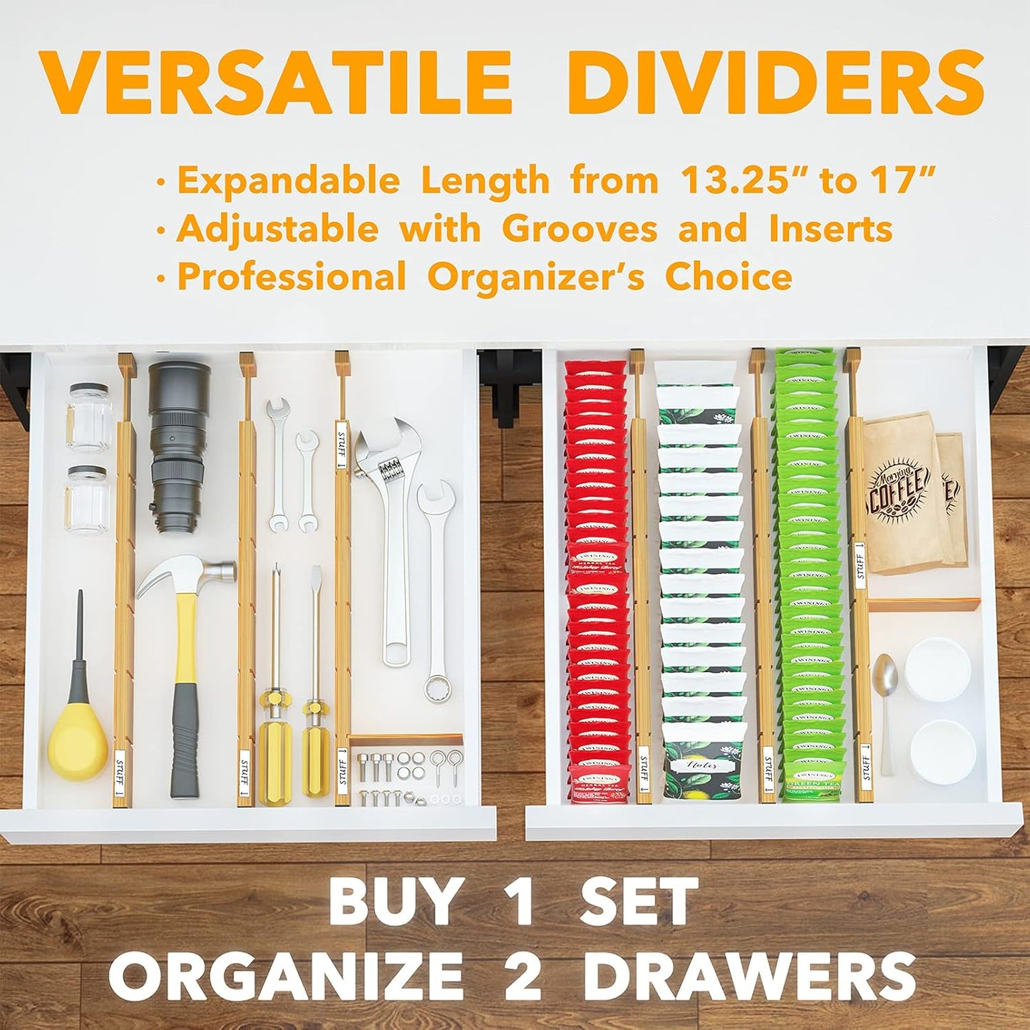 SpaceAid Bamboo Drawer Dividers with Inserts and Labels, Kitchen Adjustable Drawer Organizers, Expandable Organization for Home, Office, Dressers and Bathroom, 6 Dividers with 12 Inserts (13.25-17 in)