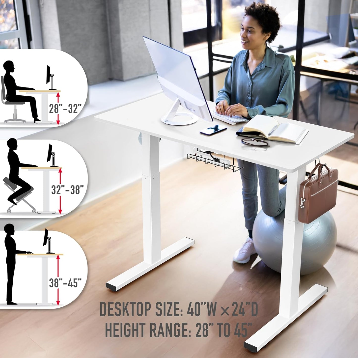 SHW 40-Inch Electric Height Adjustable Standing Desk with Drawer, Memory Preset and Cable Management Tray, White