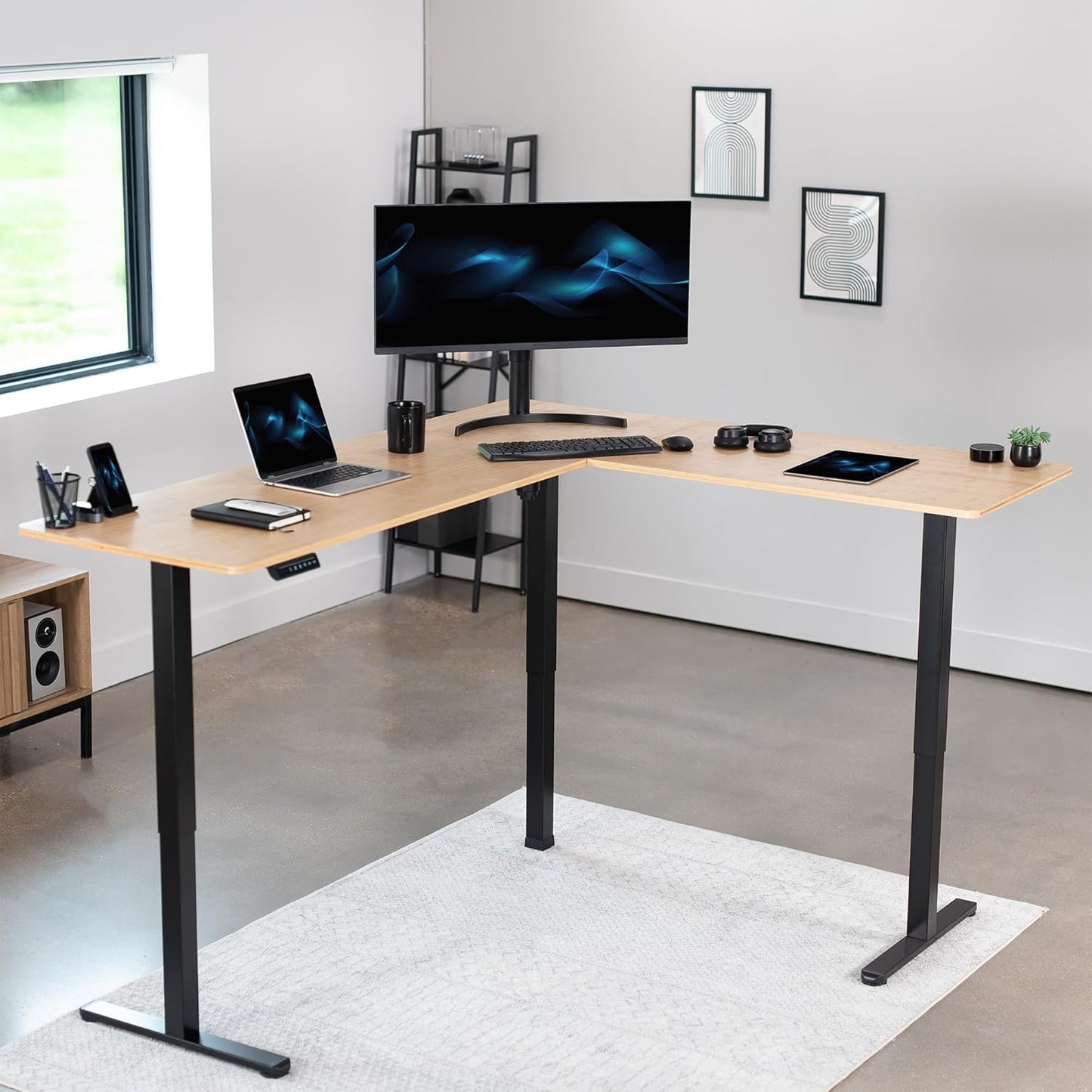 VIVO Electric Corner L-Shaped 75 x 63 in Real Bamboo Standing Desk, Memory Height Adjustment, Black Frame, DESK-E3CTBO-75