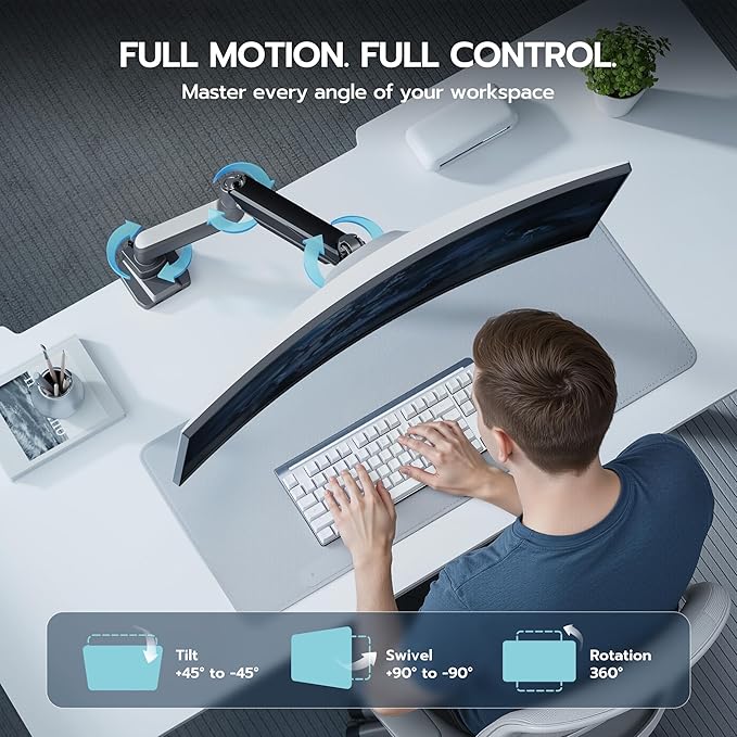 ARES WING Ultrawide Single Monitor Arm, Heavy Duty Monitor Mount for 13"-45" Curved Screens, Adjustable Stand for Desk with C-clamp & Grommet Base up to 40 LBS, Gray