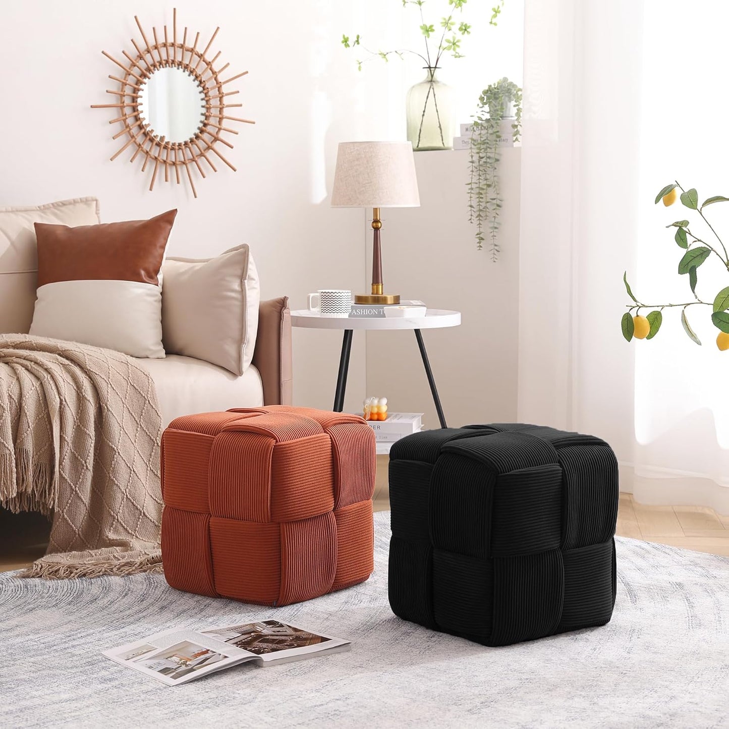 Ottoman Foot Rest Soft and Comfortable Ottoman Square Corduroy Woven Design Sofa Stool (Black)