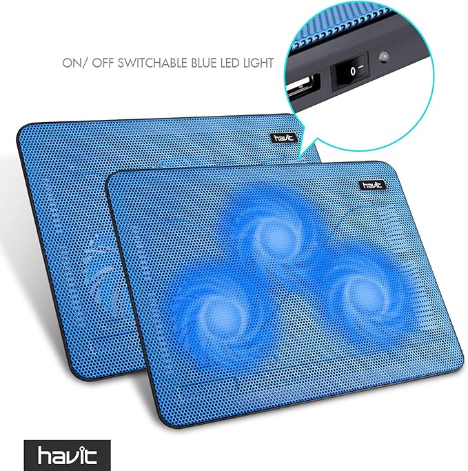 Havit HV-F2056 15.6-17 Inch Laptop Cooler Cooling Pad - Slim Portable USB Powered (3 Fans) (Blue)