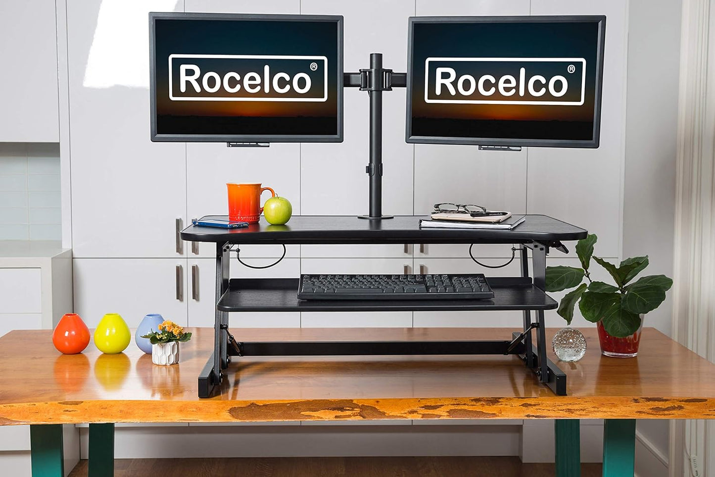 Rocelco 40" Large Height Adjustable Standing Desk Converter with Dual Monitor Mount BUNDLE - Quick Sit Stand Up Computer Workstation Riser - Retractable Keyboard Tray - Black (R DADRB-40-DM2)