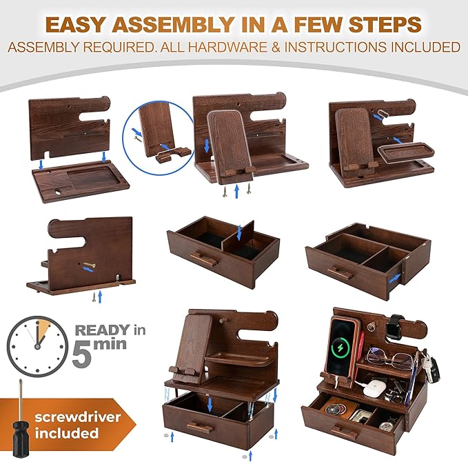 TESLYAR Wood Phone Docking Station with Drawer - Nightstand Organizer - Desk Organizer for Husband - Birthday Gifts for Men, Dad, Anniversary Idea, Key Holder Stand Watch & Accessories (Antique Brown)